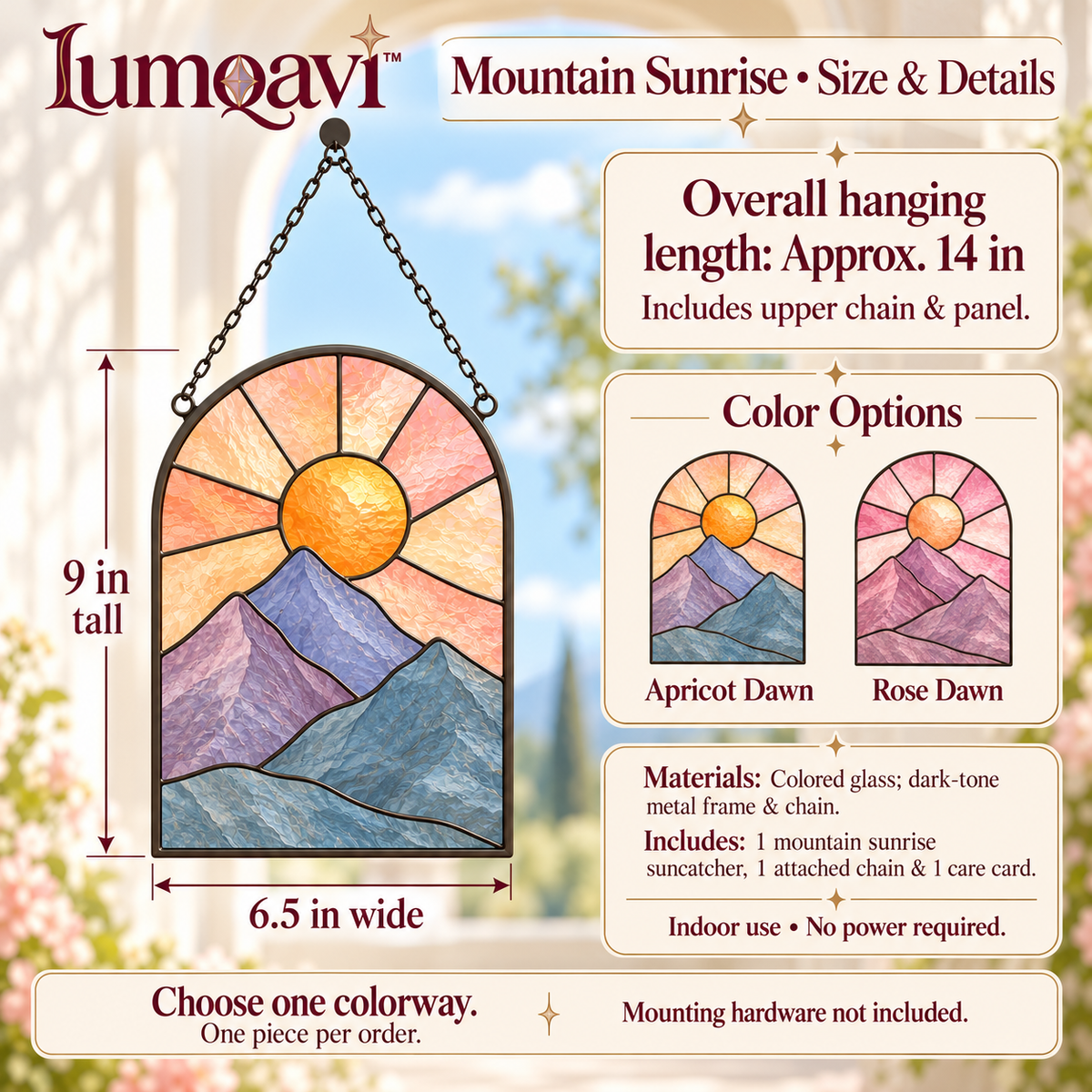 lumqavi™ Mountain Sunrise Glass Suncatcher — Arched Landscape Window Hanging with Layered Peaks, Nature-Inspired Home Decor, 9 Inch
