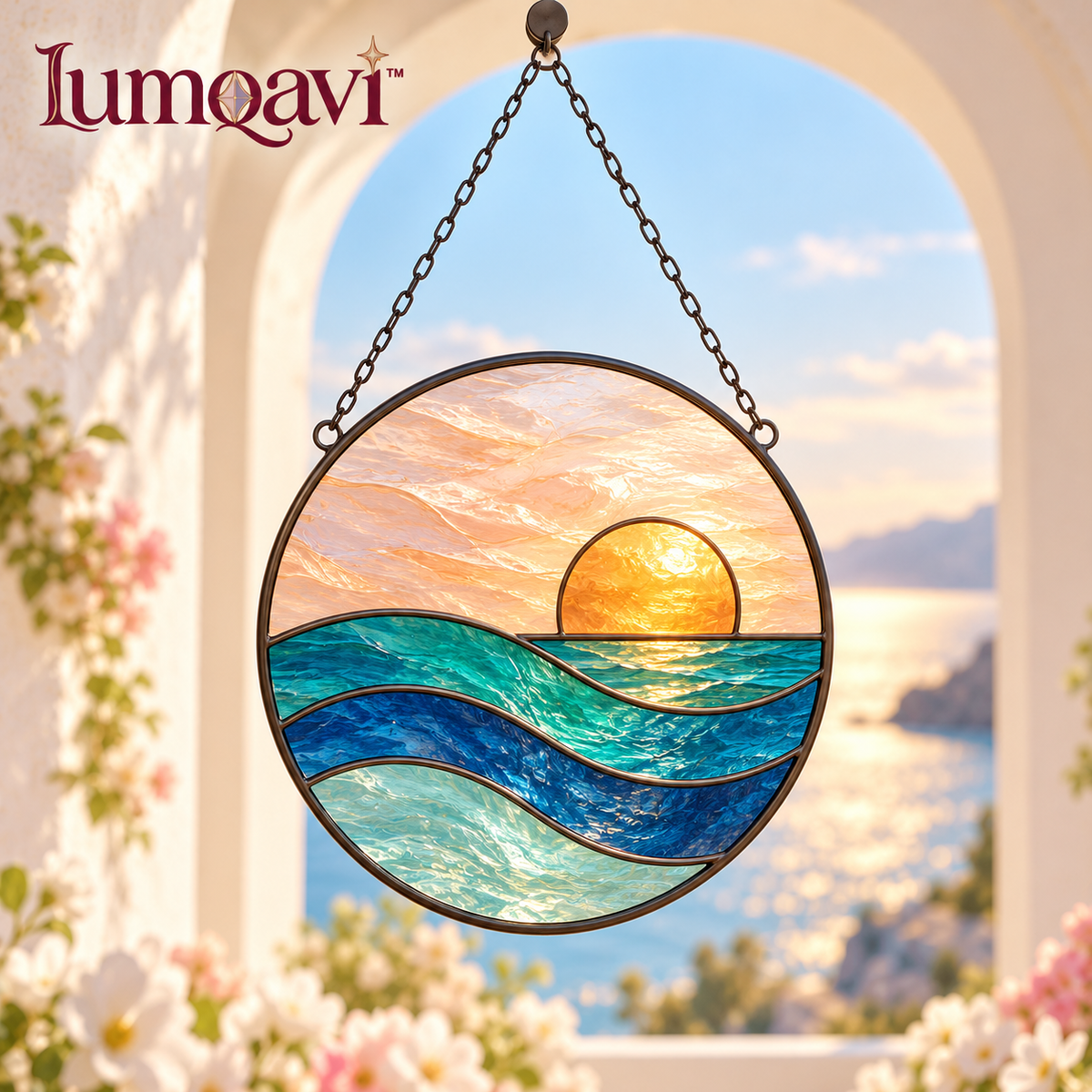 lumqavi™ Ocean Sunset Glass Suncatcher — Round Coastal Window Hanging with Blue Waves & Warm-Tone Sun, Beach-Inspired Home Decor, 8 Inch