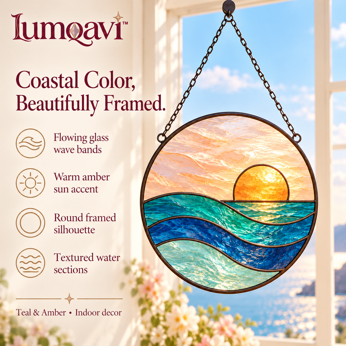 lumqavi™ Ocean Sunset Glass Suncatcher — Round Coastal Window Hanging with Blue Waves & Warm-Tone Sun, Beach-Inspired Home Decor, 8 Inch