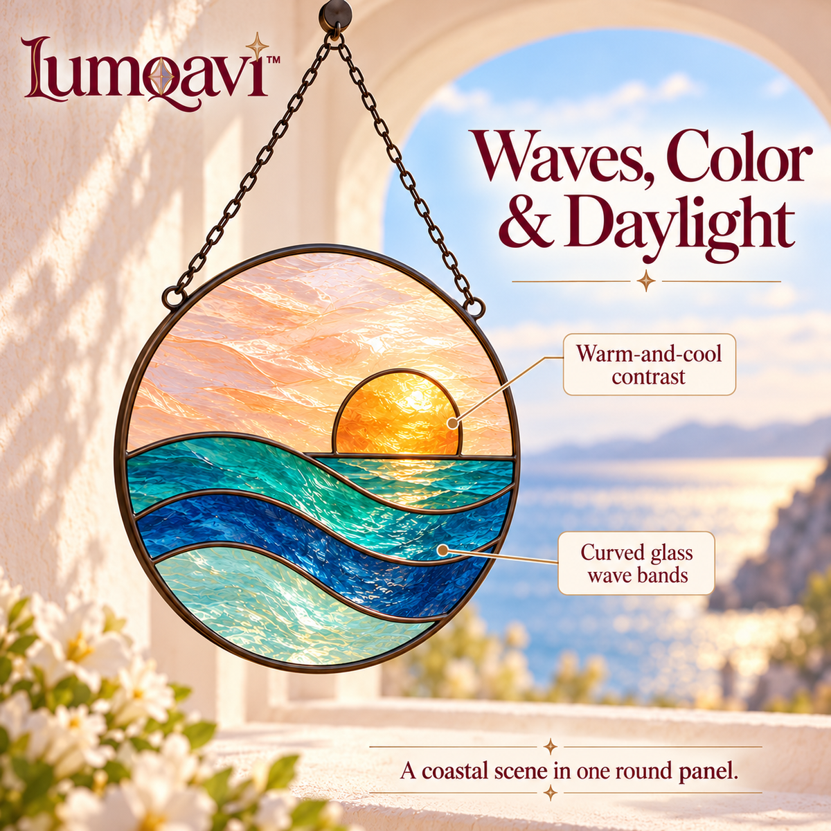 lumqavi™ Ocean Sunset Glass Suncatcher — Round Coastal Window Hanging with Blue Waves & Warm-Tone Sun, Beach-Inspired Home Decor, 8 Inch