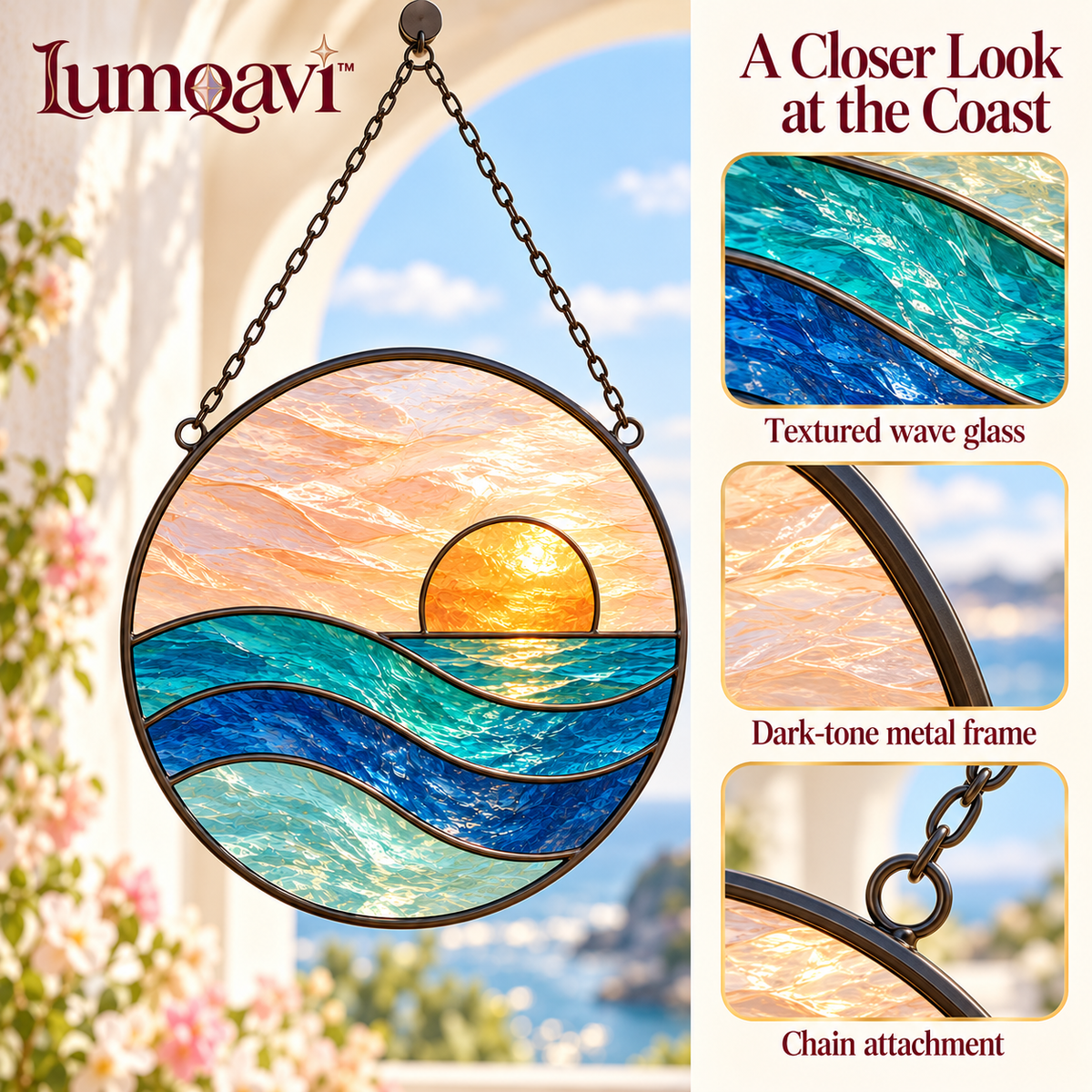 lumqavi™ Ocean Sunset Glass Suncatcher — Round Coastal Window Hanging with Blue Waves & Warm-Tone Sun, Beach-Inspired Home Decor, 8 Inch