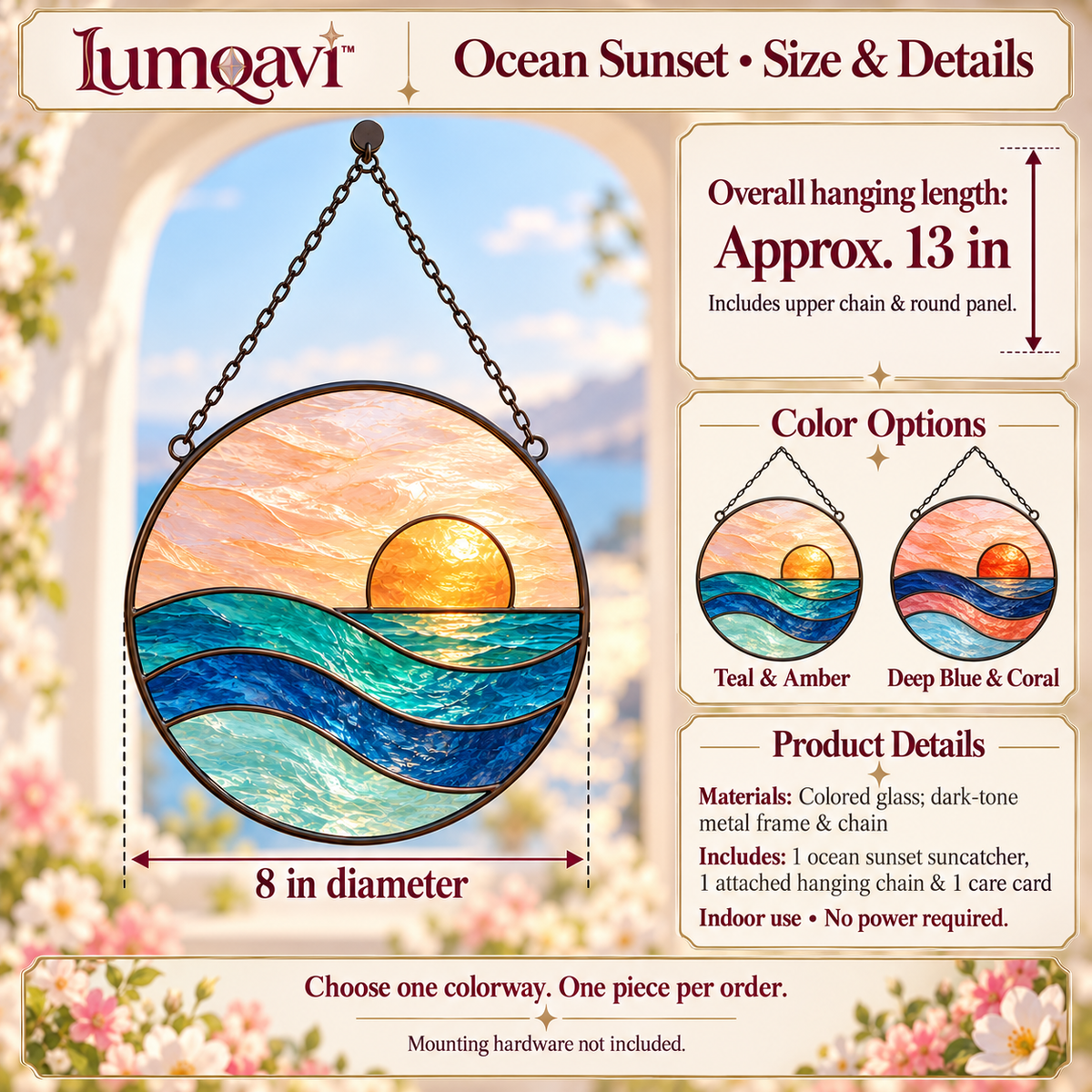 lumqavi™ Ocean Sunset Glass Suncatcher — Round Coastal Window Hanging with Blue Waves & Warm-Tone Sun, Beach-Inspired Home Decor, 8 Inch