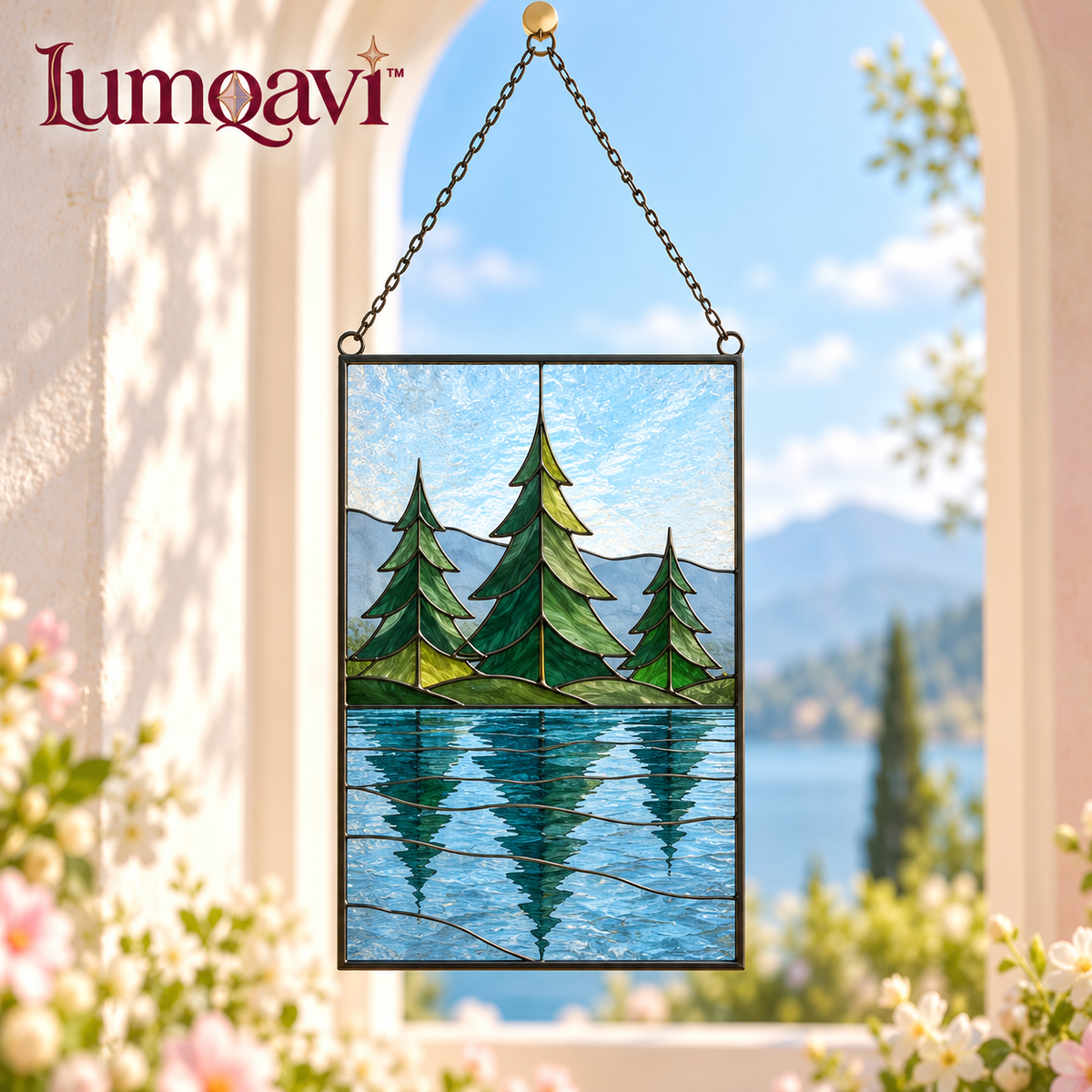 lumqavi™ Forest Lake Glass Suncatcher — Nature Landscape Window Panel with Pine Trees & Water Reflection, Cabin-Inspired Decor, 9 Inch
