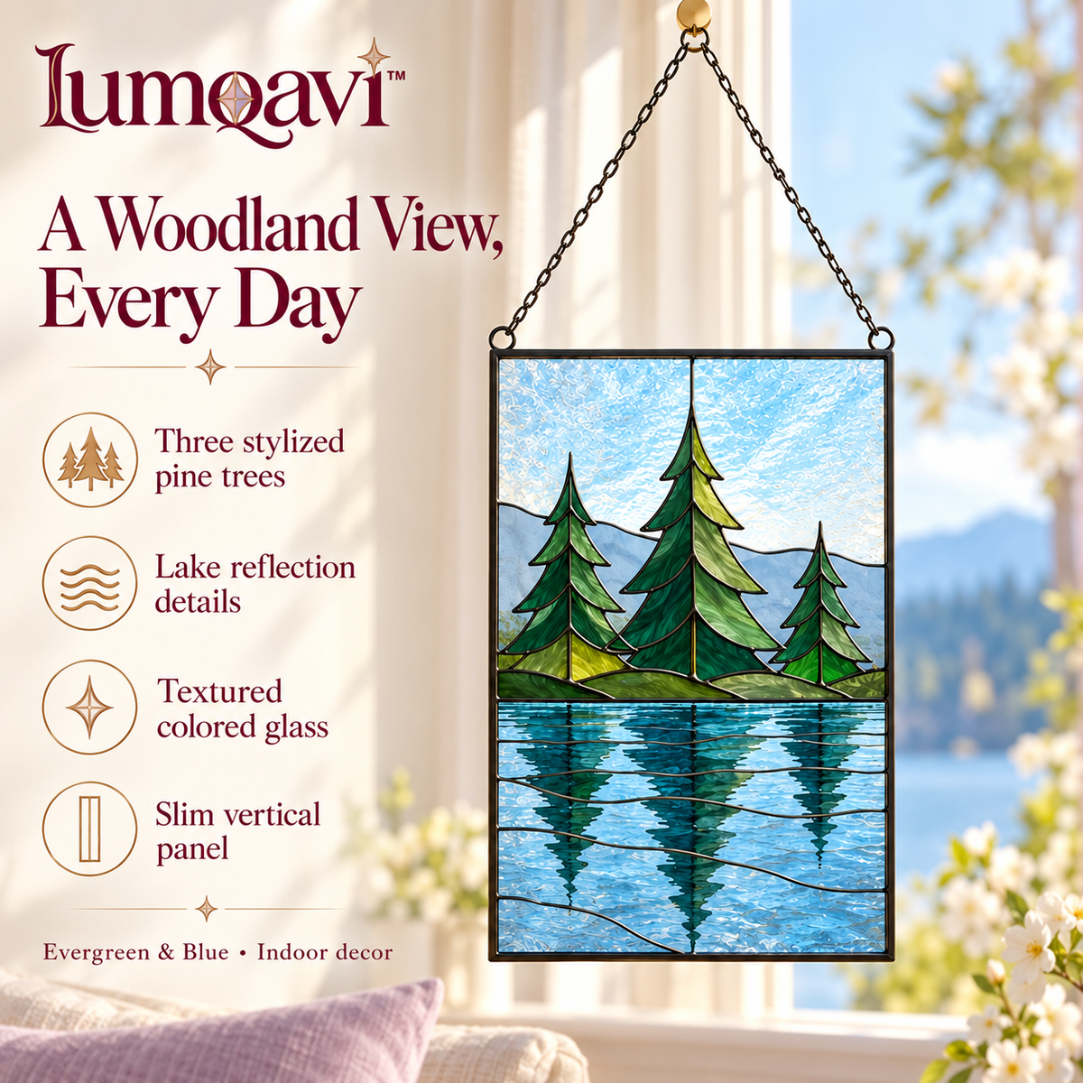 lumqavi™ Forest Lake Glass Suncatcher — Nature Landscape Window Panel with Pine Trees & Water Reflection, Cabin-Inspired Decor, 9 Inch