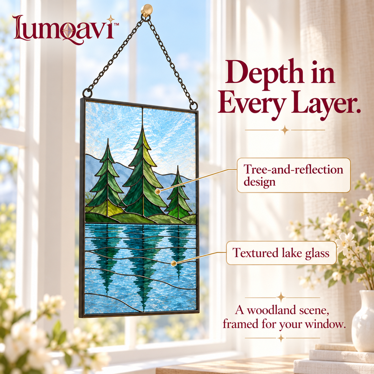 lumqavi™ Forest Lake Glass Suncatcher — Nature Landscape Window Panel with Pine Trees & Water Reflection, Cabin-Inspired Decor, 9 Inch