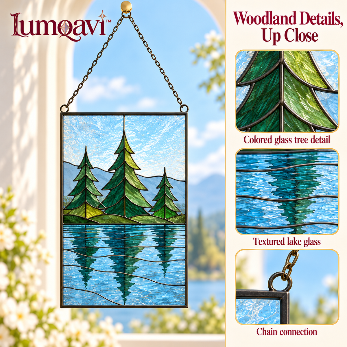 lumqavi™ Forest Lake Glass Suncatcher — Nature Landscape Window Panel with Pine Trees & Water Reflection, Cabin-Inspired Decor, 9 Inch