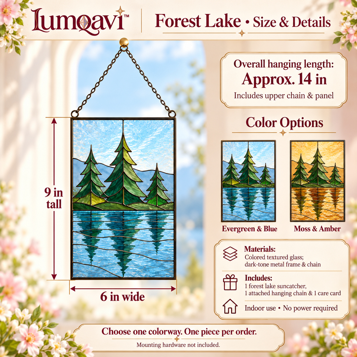 lumqavi™ Forest Lake Glass Suncatcher — Nature Landscape Window Panel with Pine Trees & Water Reflection, Cabin-Inspired Decor, 9 Inch