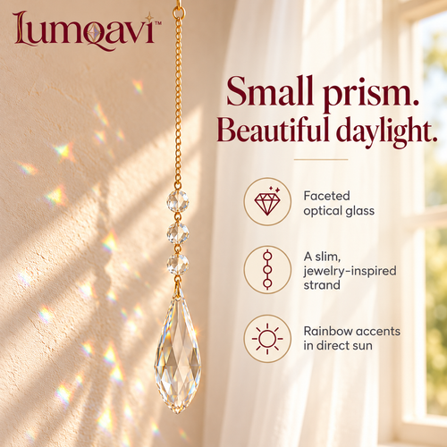 lumqavi™ Teardrop Prism Suncatcher — Faceted Glass Bead Window Hanging, Minimalist Rainbow Accent for Sunny Indoor Windows, 18 Inch