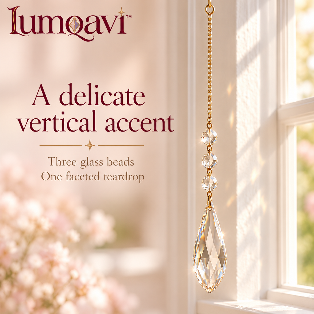 lumqavi™ Teardrop Prism Suncatcher — Faceted Glass Bead Window Hanging, Minimalist Rainbow Accent for Sunny Indoor Windows, 18 Inch