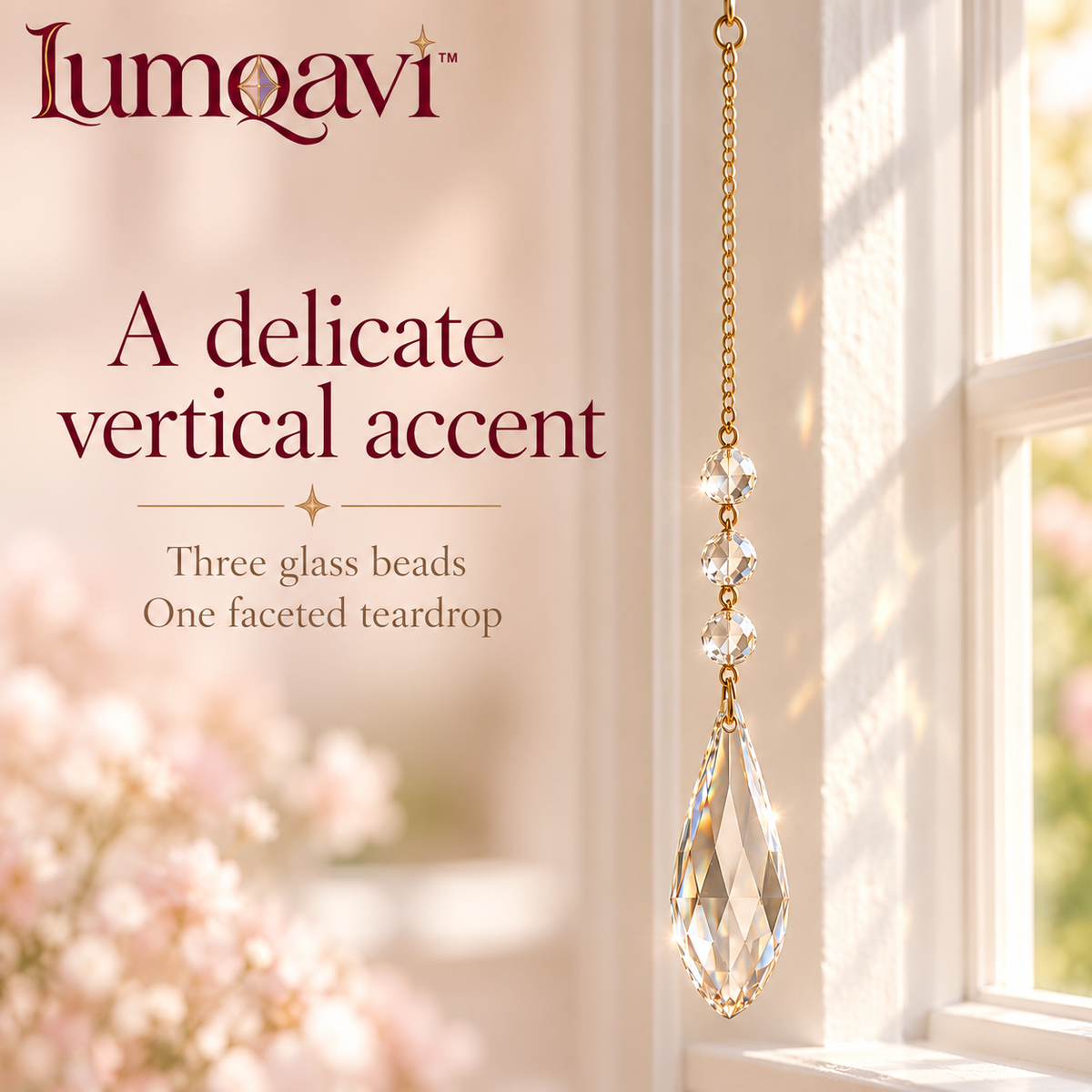 lumqavi™ Teardrop Prism Suncatcher — Faceted Glass Bead Window Hanging, Minimalist Rainbow Accent for Sunny Indoor Windows, 18 Inch