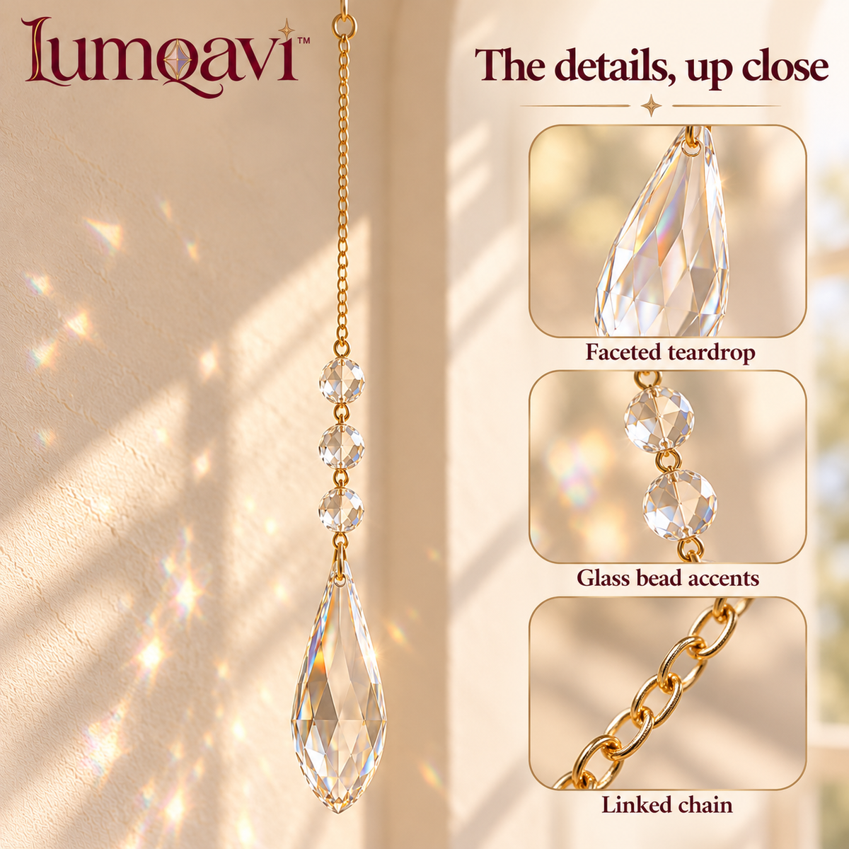 lumqavi™ Teardrop Prism Suncatcher — Faceted Glass Bead Window Hanging, Minimalist Rainbow Accent for Sunny Indoor Windows, 18 Inch