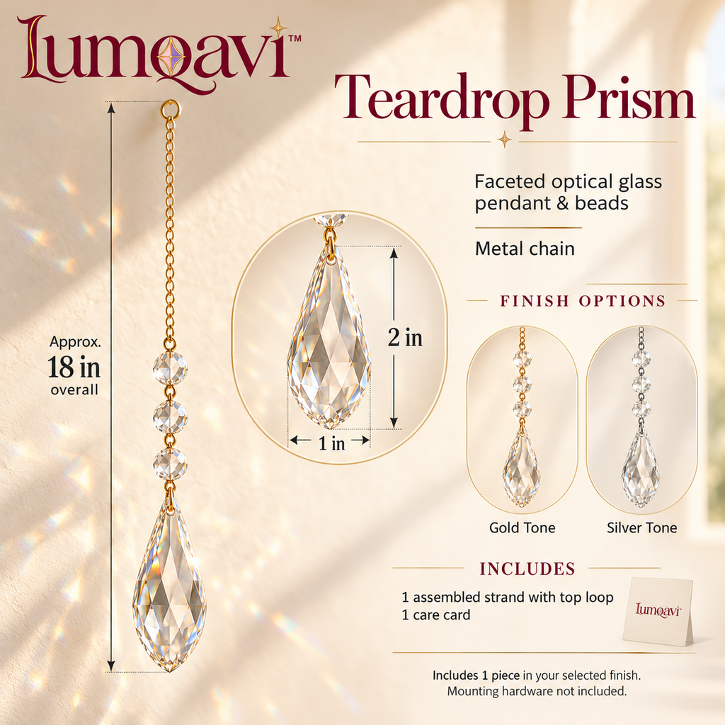 lumqavi™ Teardrop Prism Suncatcher — Faceted Glass Bead Window Hanging, Minimalist Rainbow Accent for Sunny Indoor Windows, 18 Inch