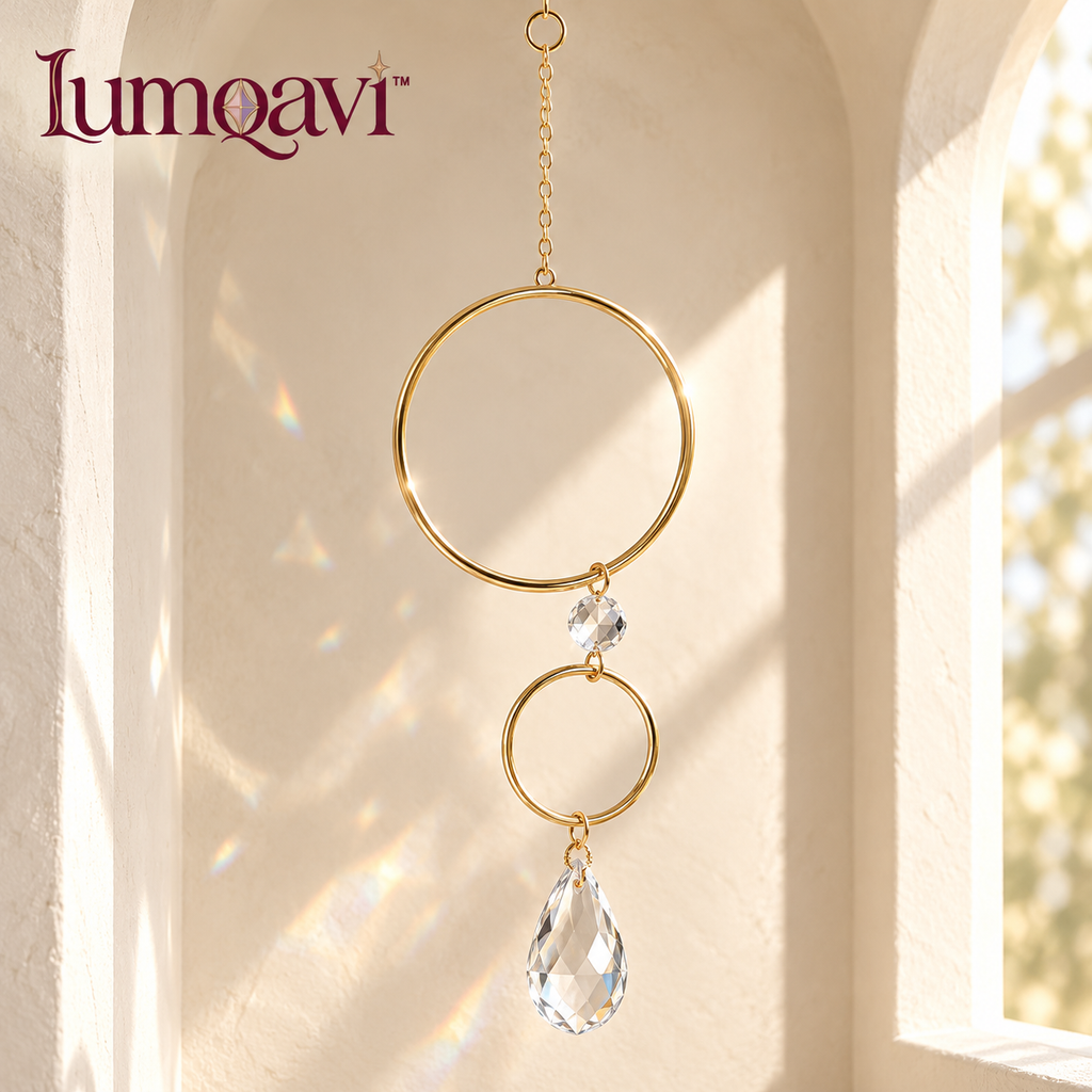 lumqavi™ Double Halo Prism Suncatcher — Geometric Window Hanging with Faceted Glass Pendant, Modern Indoor Rainbow Decor, 16 Inch