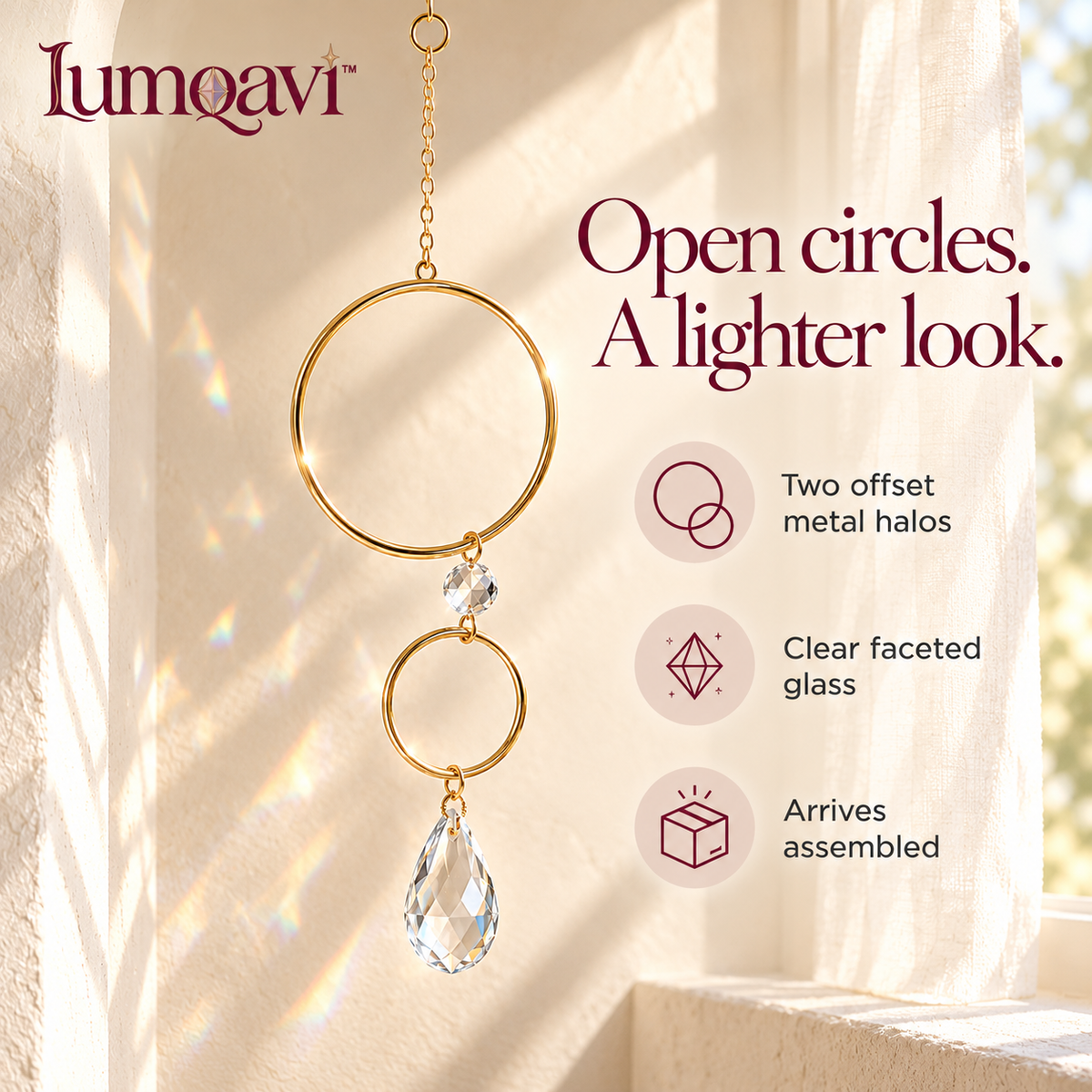 lumqavi™ Double Halo Prism Suncatcher — Geometric Window Hanging with Faceted Glass Pendant, Modern Indoor Rainbow Decor, 16 Inch
