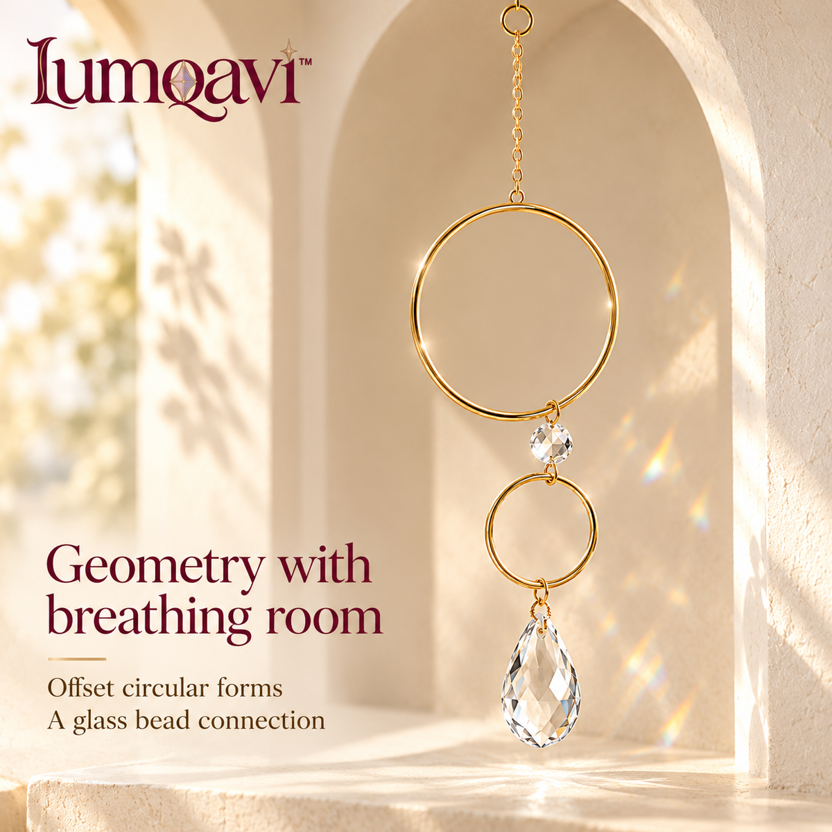 lumqavi™ Double Halo Prism Suncatcher — Geometric Window Hanging with Faceted Glass Pendant, Modern Indoor Rainbow Decor, 16 Inch