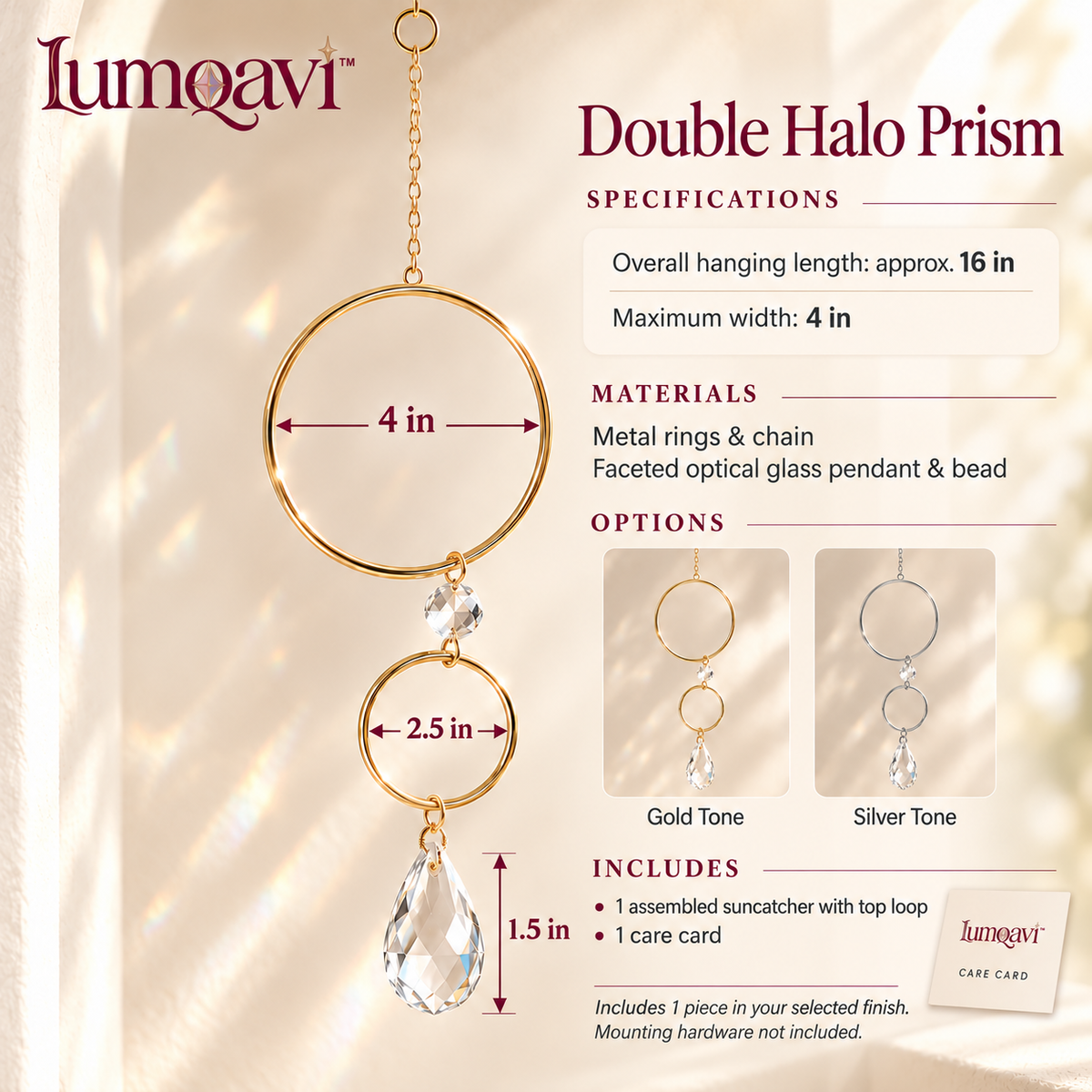 lumqavi™ Double Halo Prism Suncatcher — Geometric Window Hanging with Faceted Glass Pendant, Modern Indoor Rainbow Decor, 16 Inch