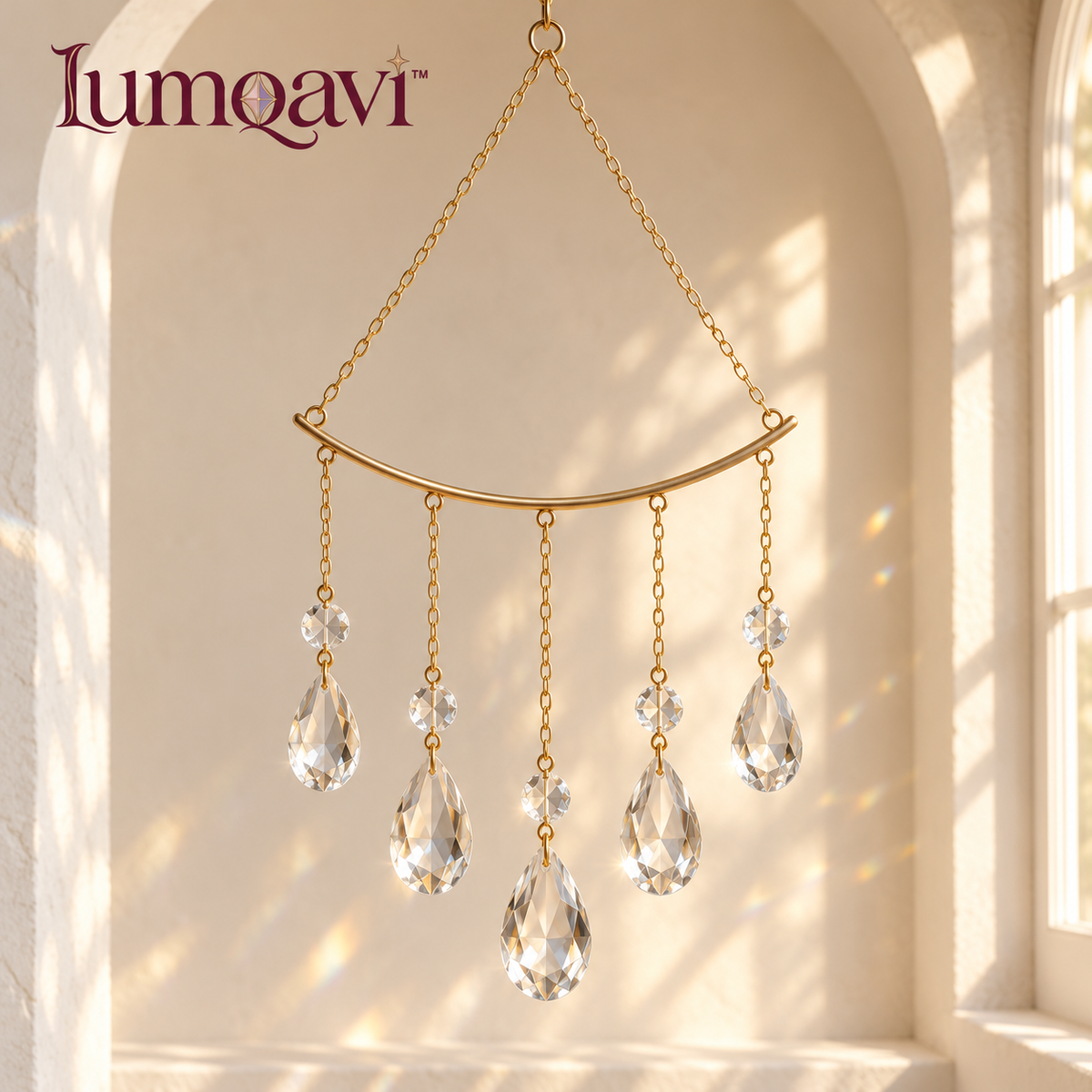 lumqavi™ Prism Cascade Suncatcher — Five-Strand Geometric Window Hanging with Faceted Glass Drops, Art Deco-Inspired Indoor Decor, 14 Inch