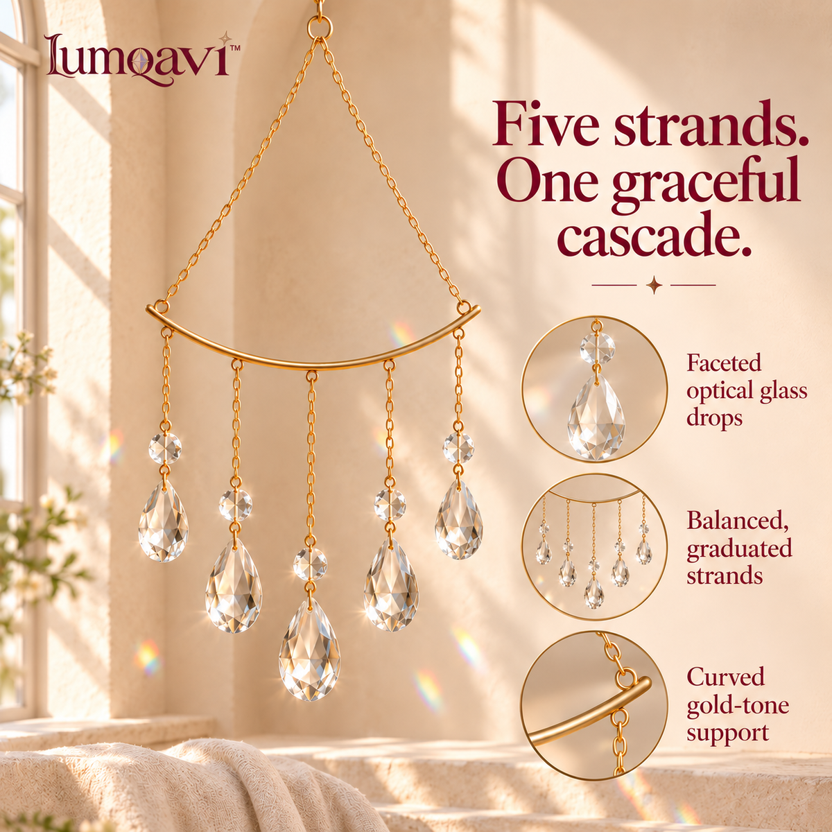 lumqavi™ Prism Cascade Suncatcher — Five-Strand Geometric Window Hanging with Faceted Glass Drops, Art Deco-Inspired Indoor Decor, 14 Inch