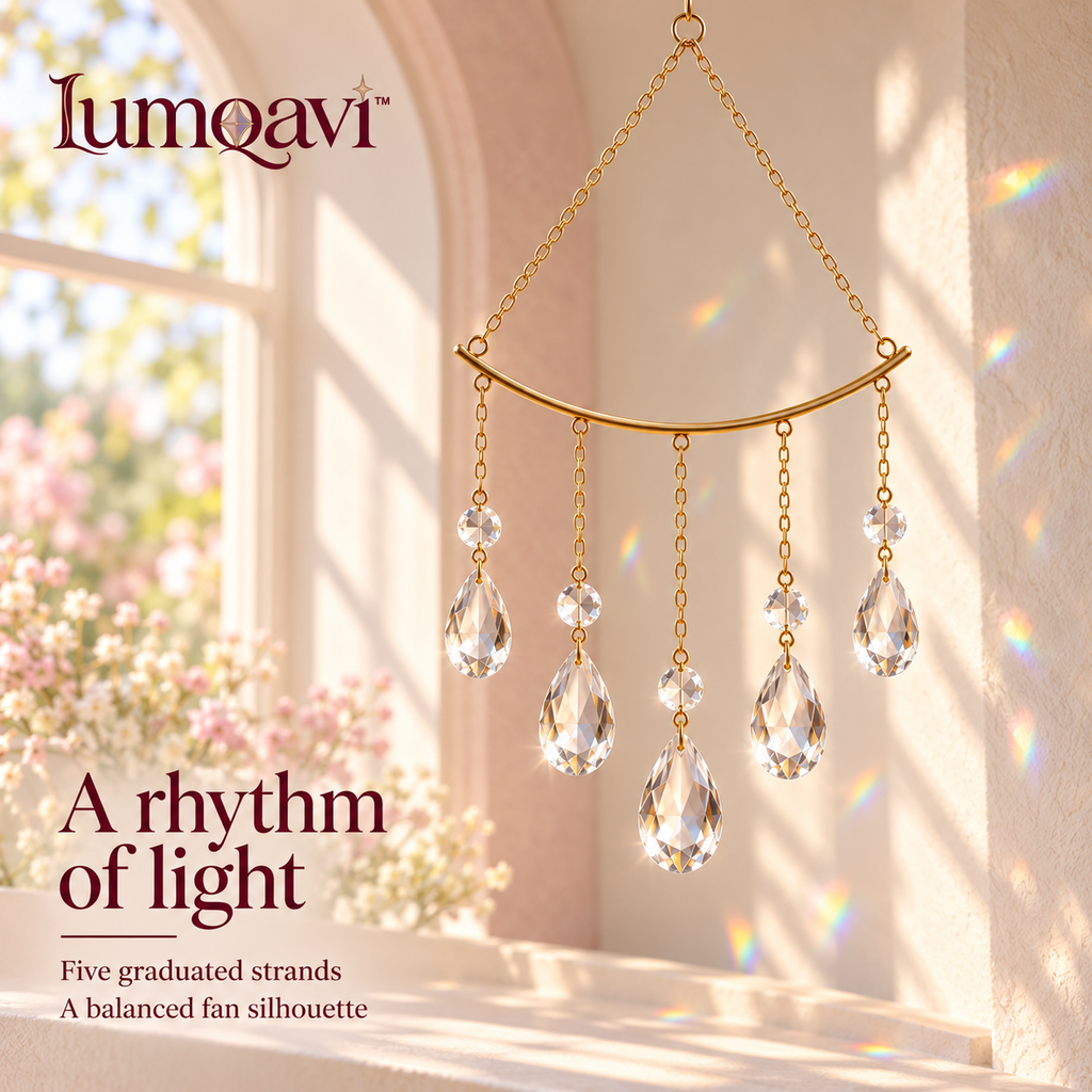 lumqavi™ Prism Cascade Suncatcher — Five-Strand Geometric Window Hanging with Faceted Glass Drops, Art Deco-Inspired Indoor Decor, 14 Inch