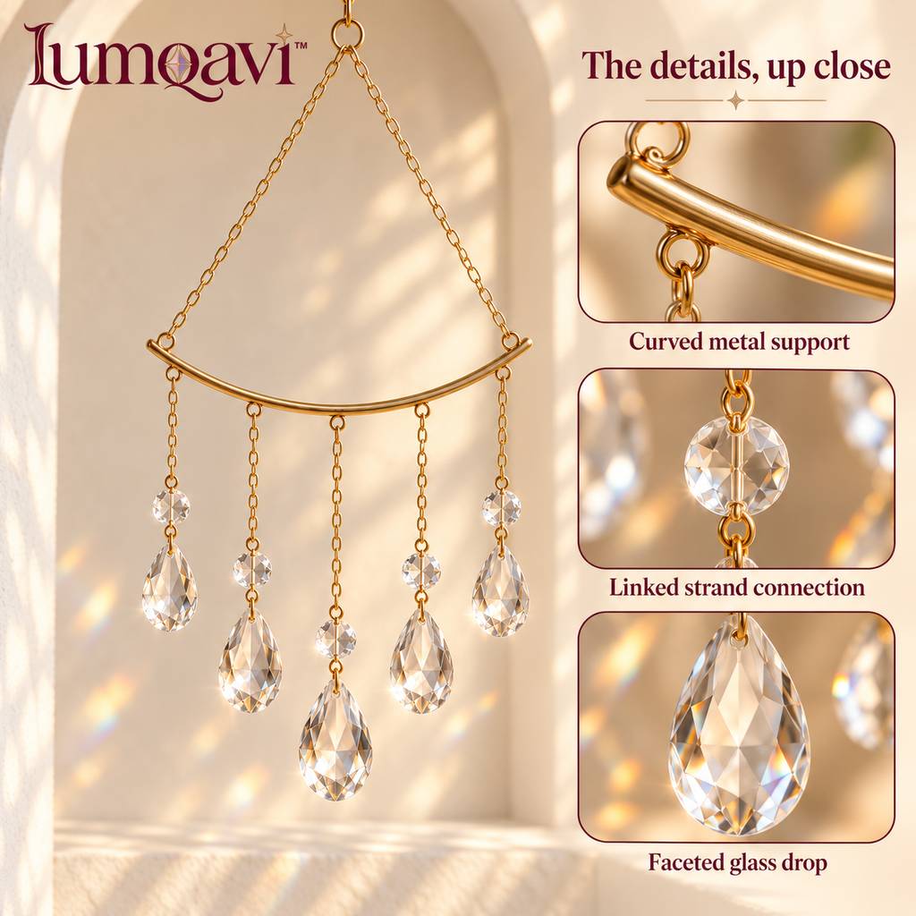 lumqavi™ Prism Cascade Suncatcher — Five-Strand Geometric Window Hanging with Faceted Glass Drops, Art Deco-Inspired Indoor Decor, 14 Inch