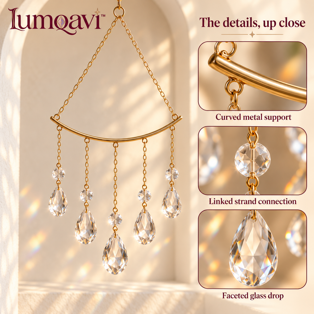 lumqavi™ Prism Cascade Suncatcher — Five-Strand Geometric Window Hanging with Faceted Glass Drops, Art Deco-Inspired Indoor Decor, 14 Inch