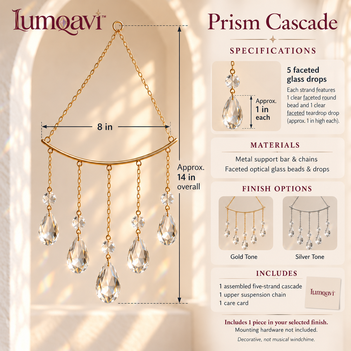 lumqavi™ Prism Cascade Suncatcher — Five-Strand Geometric Window Hanging with Faceted Glass Drops, Art Deco-Inspired Indoor Decor, 14 Inch